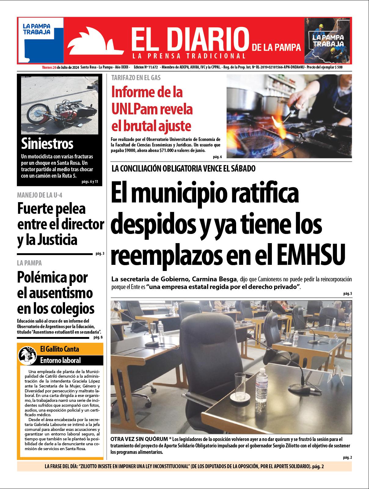 Tapa de El Diario en papel  viernes 26 de julio de 2024